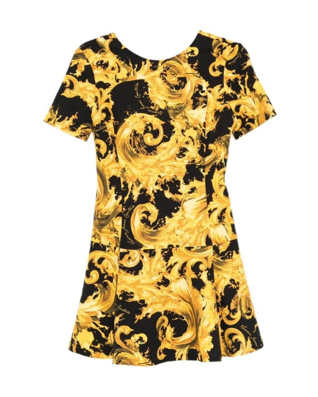 Versace Jeans Yellow Couture Baroque Printed Crewneck Mini Dress
