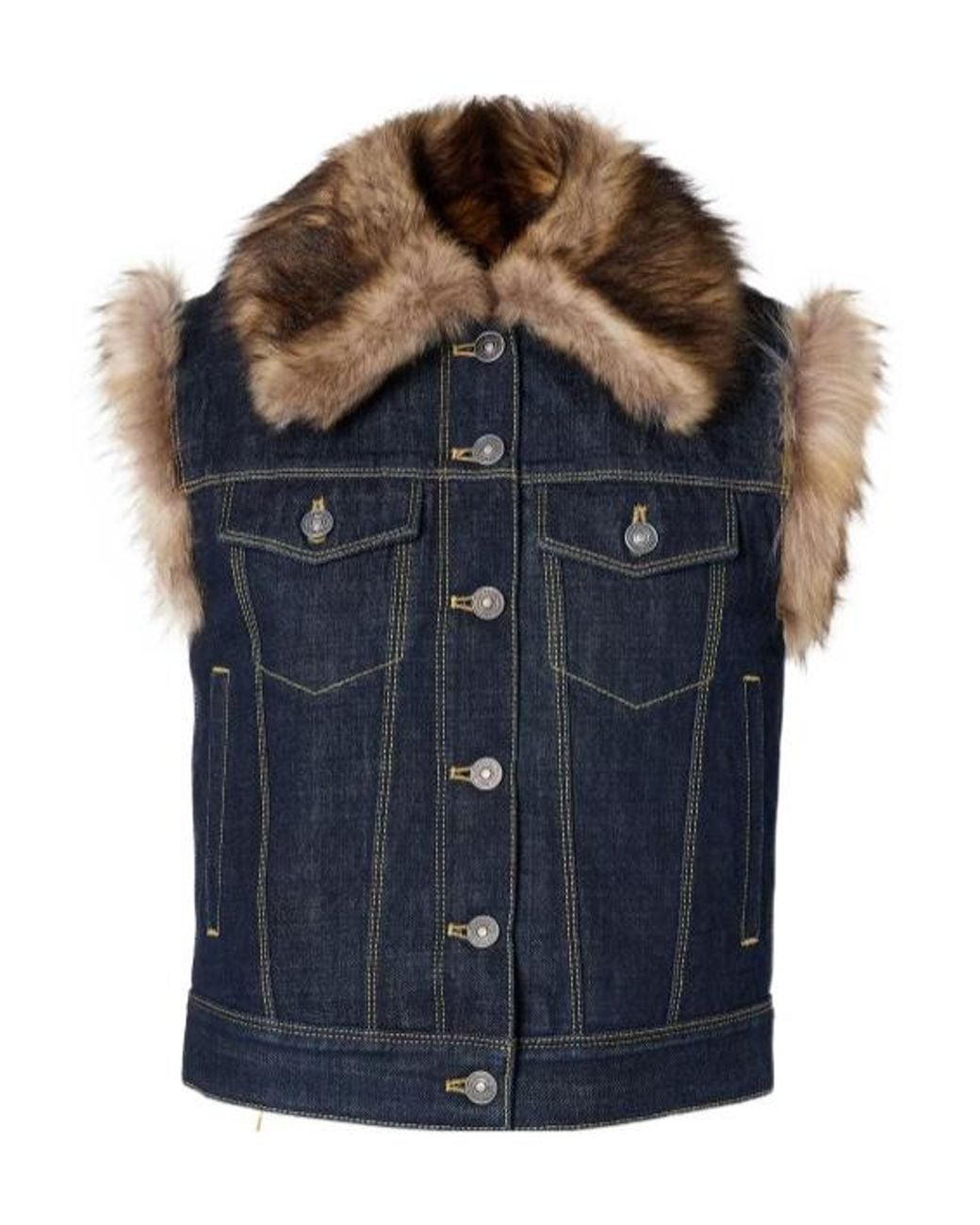 Fendi Blue Denim And Shearling Gilet