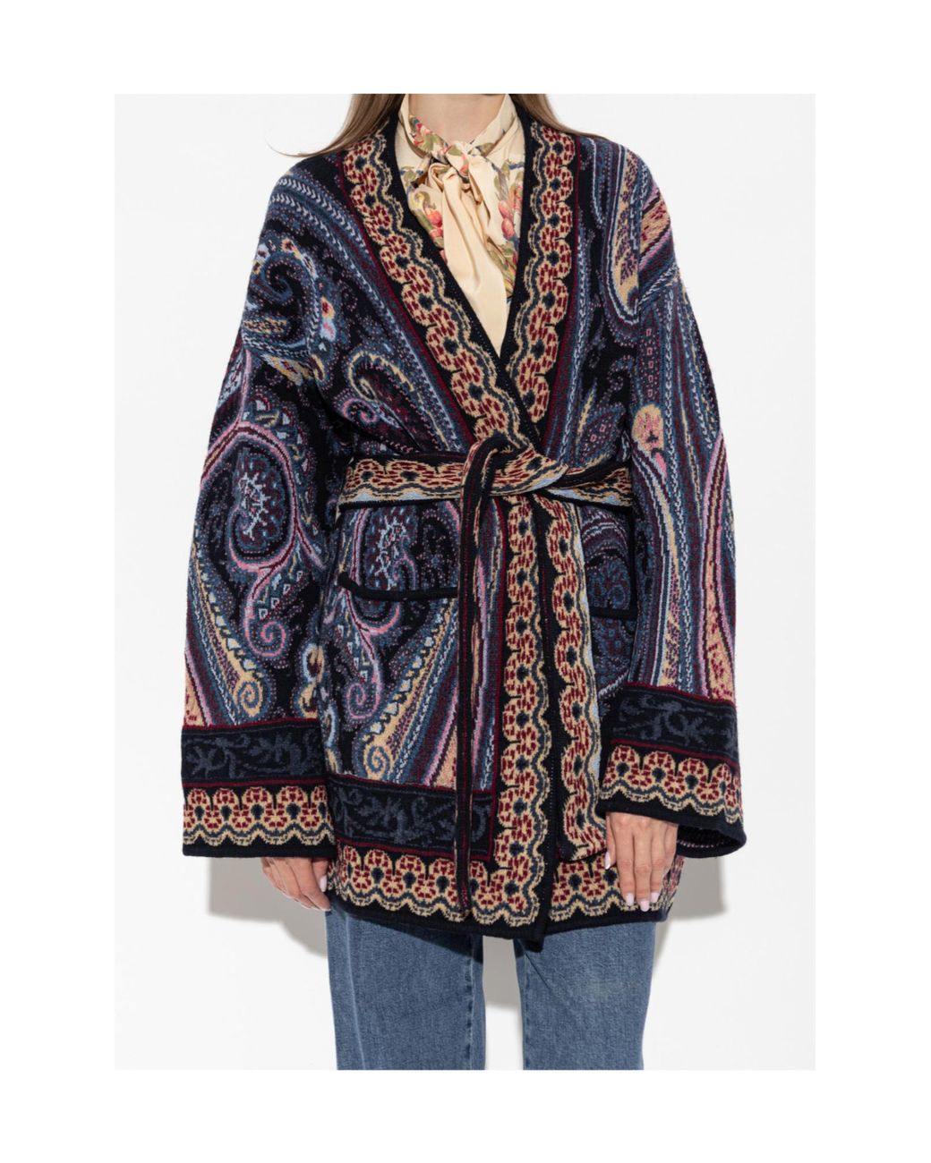 Etro Blue Belted Pattern Knit Cardigan