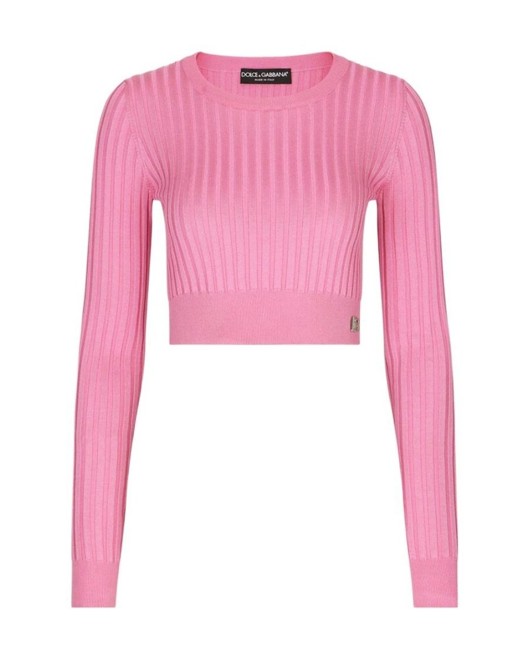Dolce & Gabbana Pink Logo Plaque Cropped Ribbed Sweater
