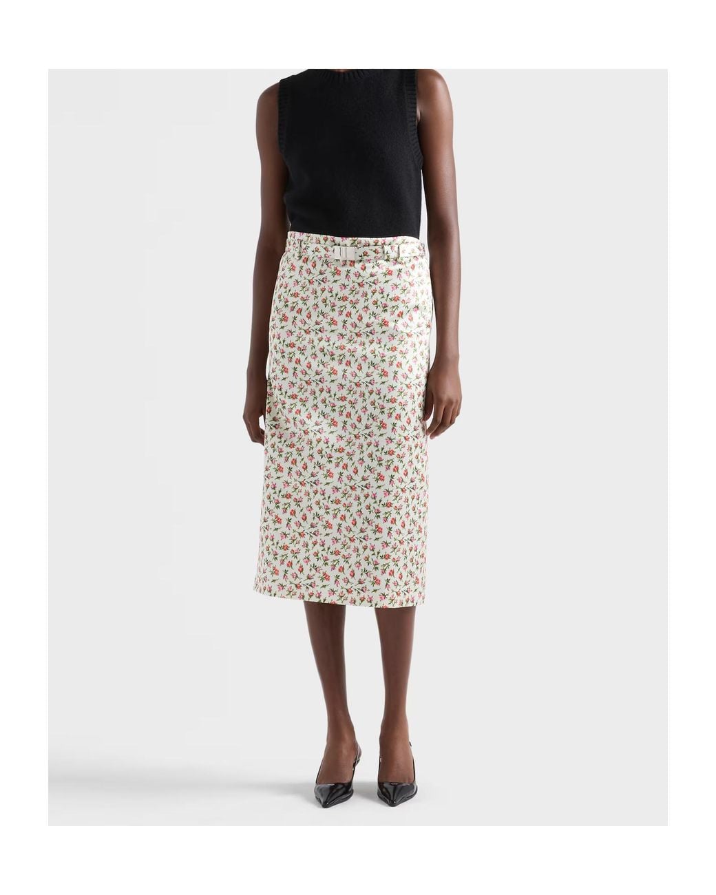 Prada White Printed Silk Duchesse Midi Skirt