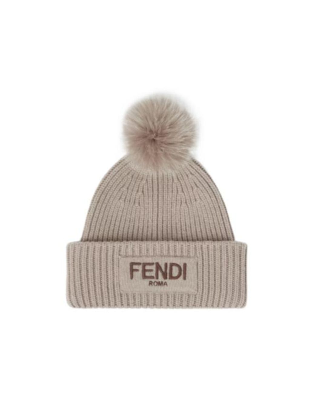 Fendi Natural Logo Embroidered Pompom Detail Beanie