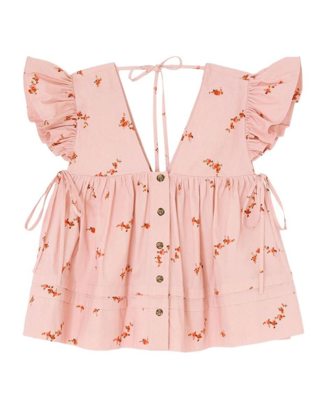 Ganni Pink Floral Pinted V-Neck Blouse