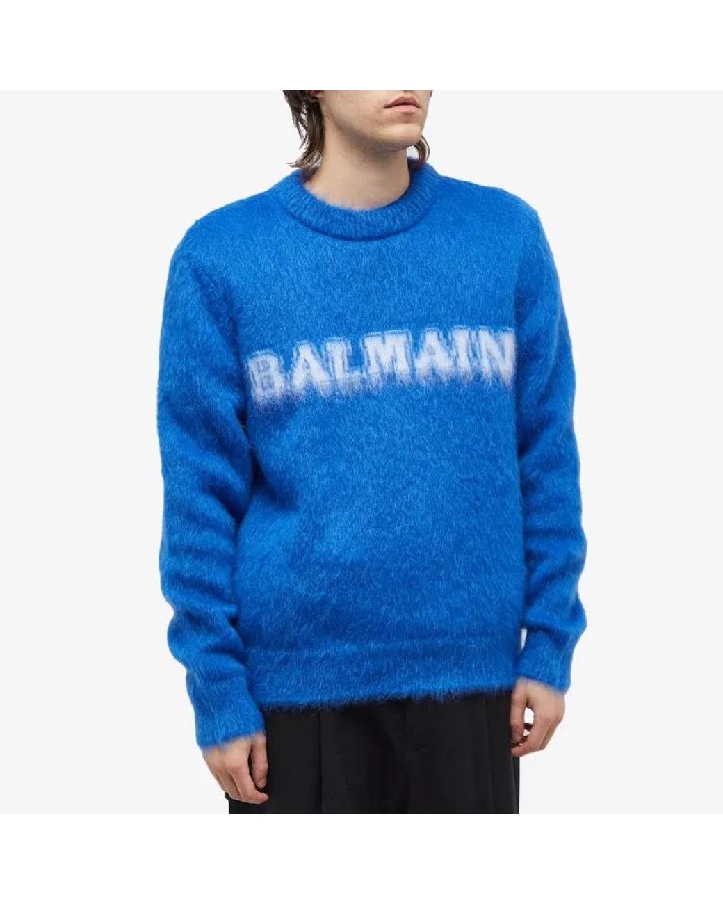 Balmain Blue Retro Brushed Crewneck Jumper for men