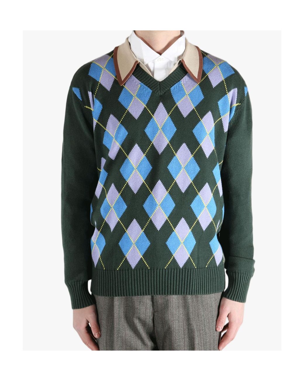 Dries Van Noten Blue Argyle Sweater for men