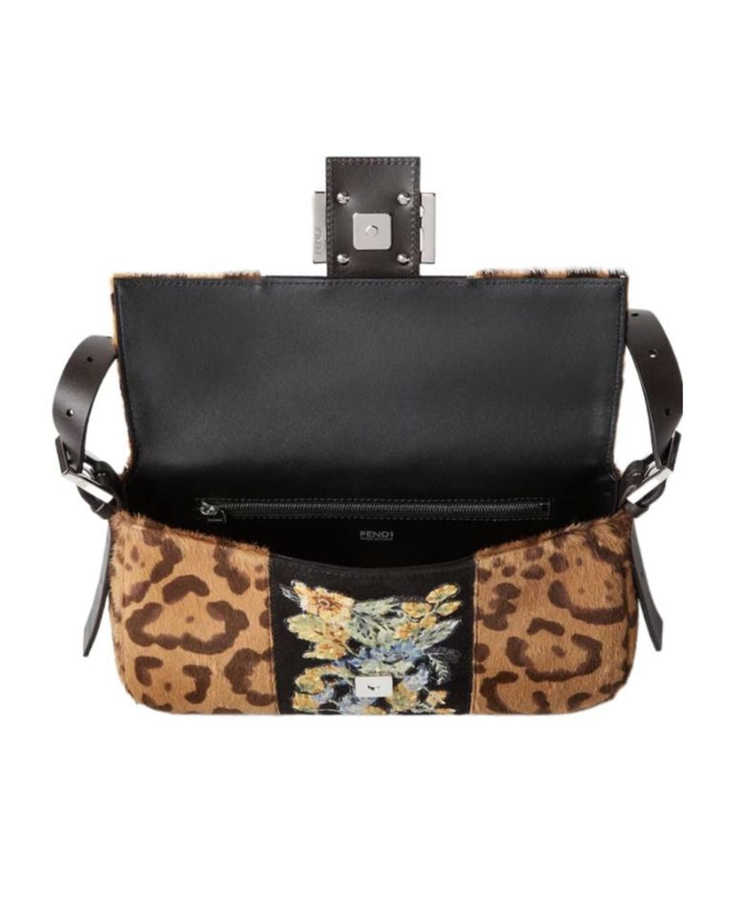 Fendi Brown Baguette 26424 Embroidered Jaguar Print Pony-Effect Leather Bag