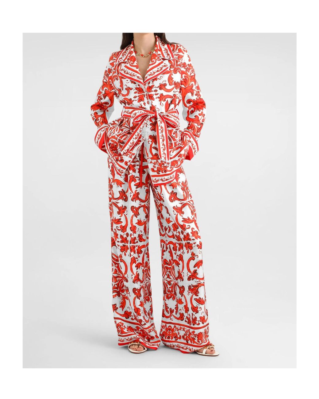 Dolce & Gabbana Red Silk Majolica Wide-Leg Trousers
