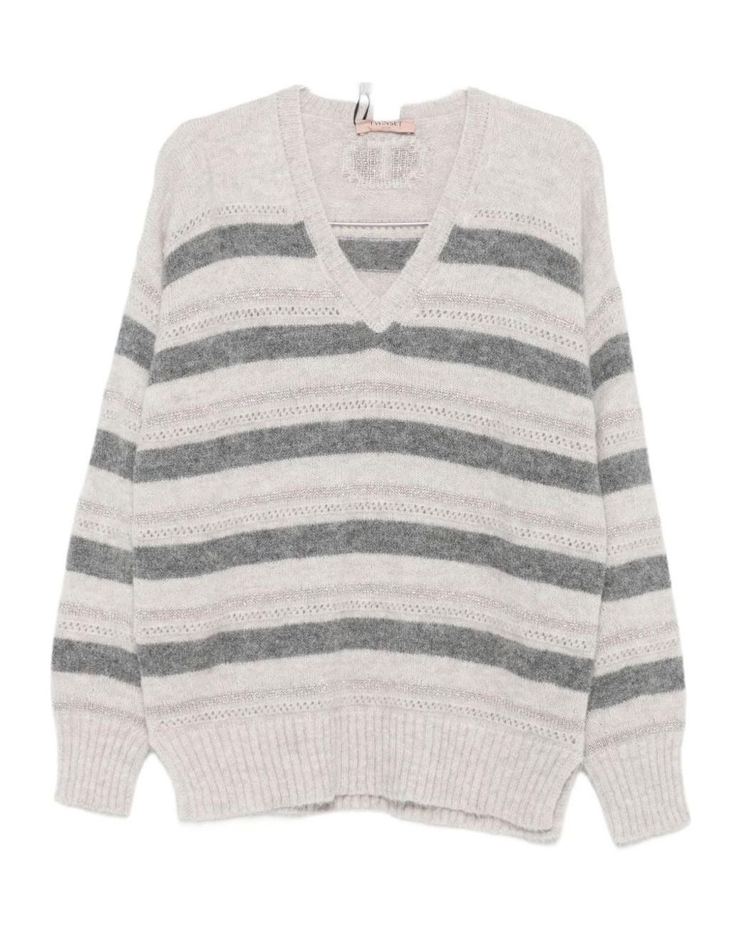 Twinset Gray Striped V-Neck Jumper