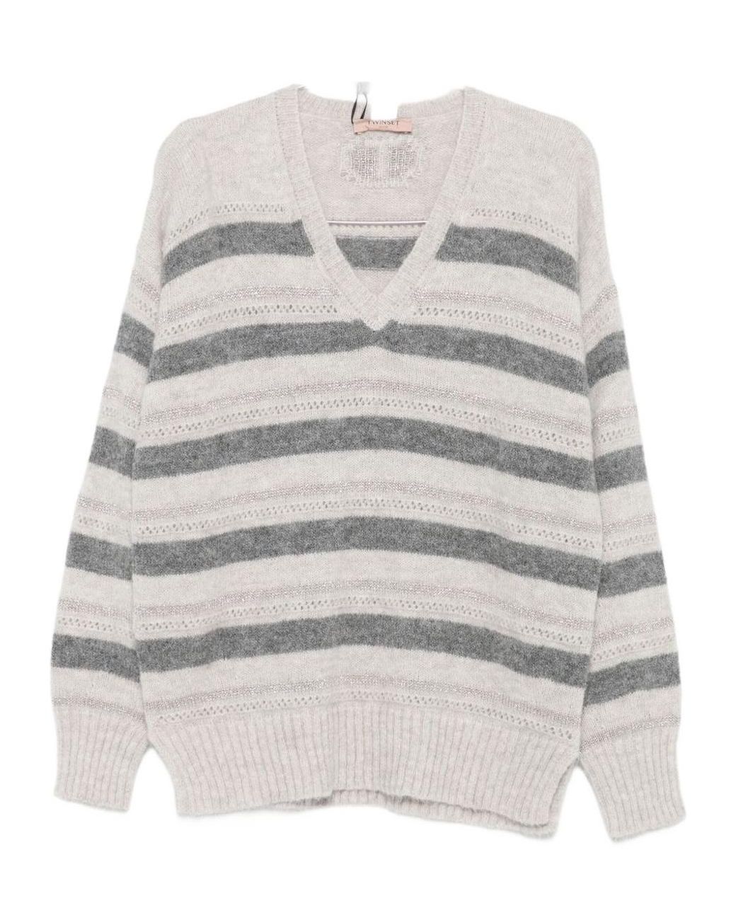 Twinset Gray Striped V-Neck Jumper