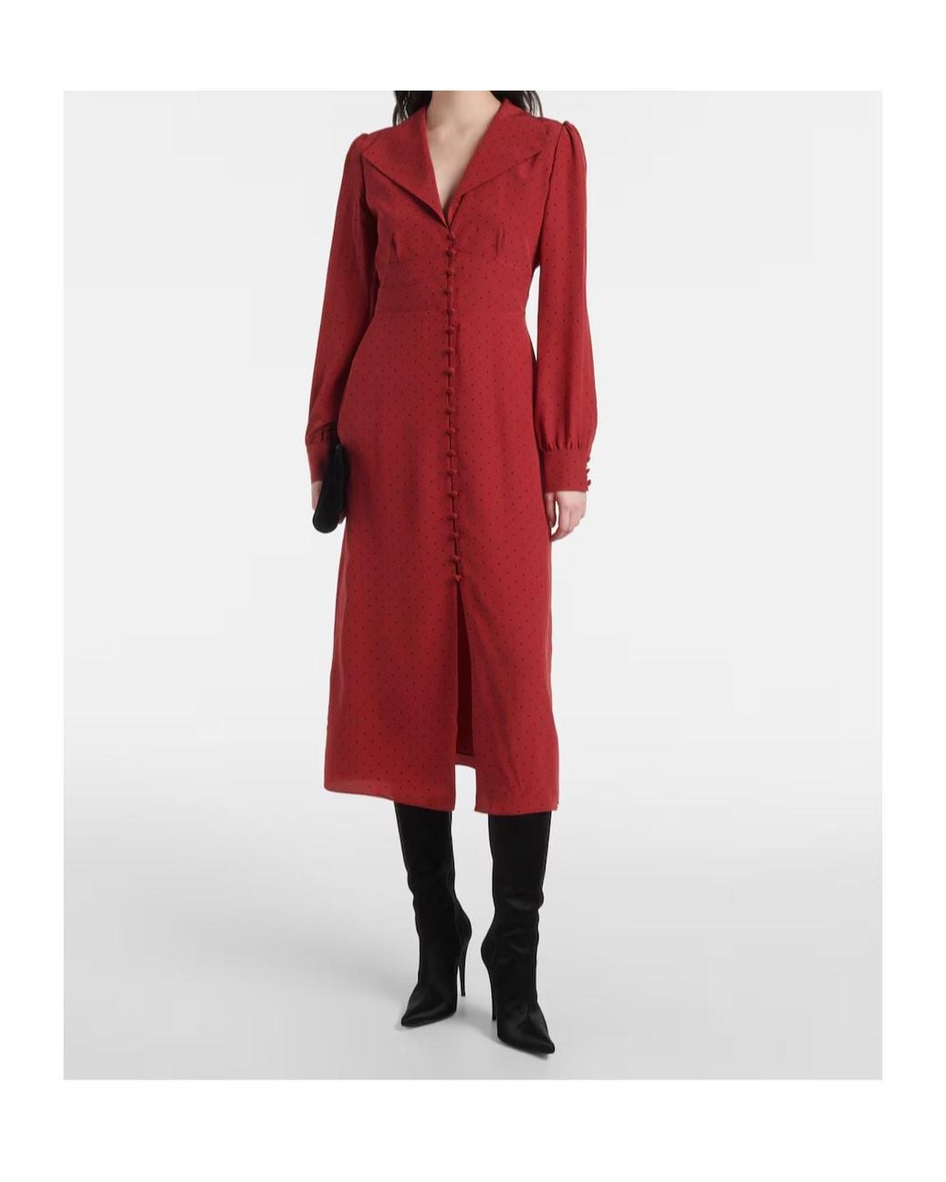 Alessandra Rich Red Polka-Dot Silk Midi Dress