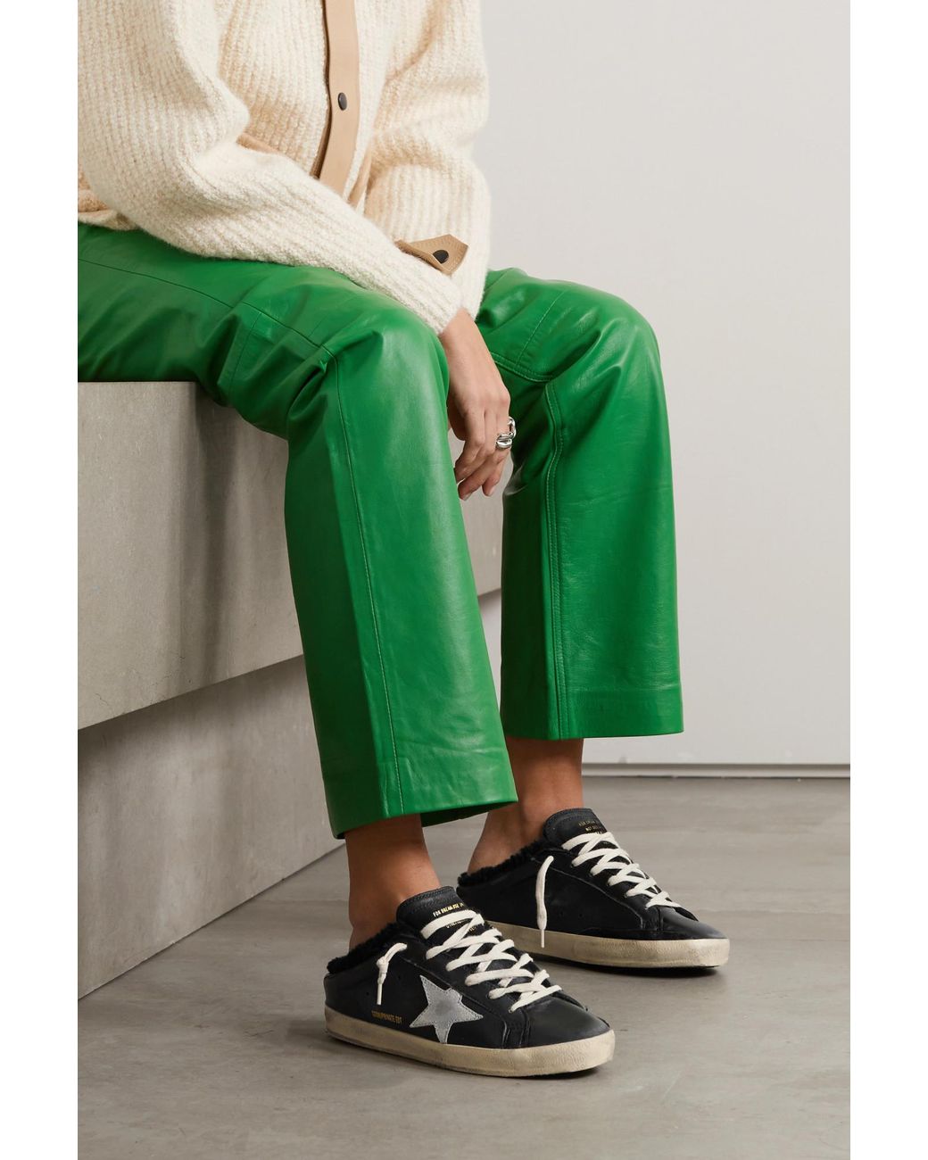 Golden Goose Deluxe Brand Black Super-Star Sabot Distressed Shearling-Lined Leather Slip-On Sneakers