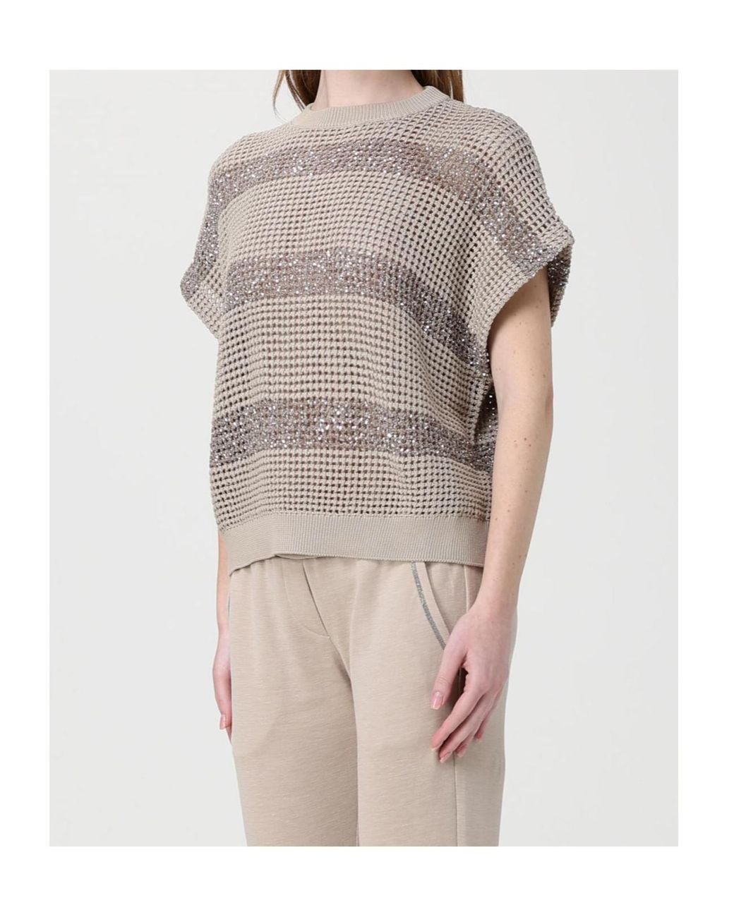 Brunello Cucinelli Natural Short Sleeved Knitted Top
