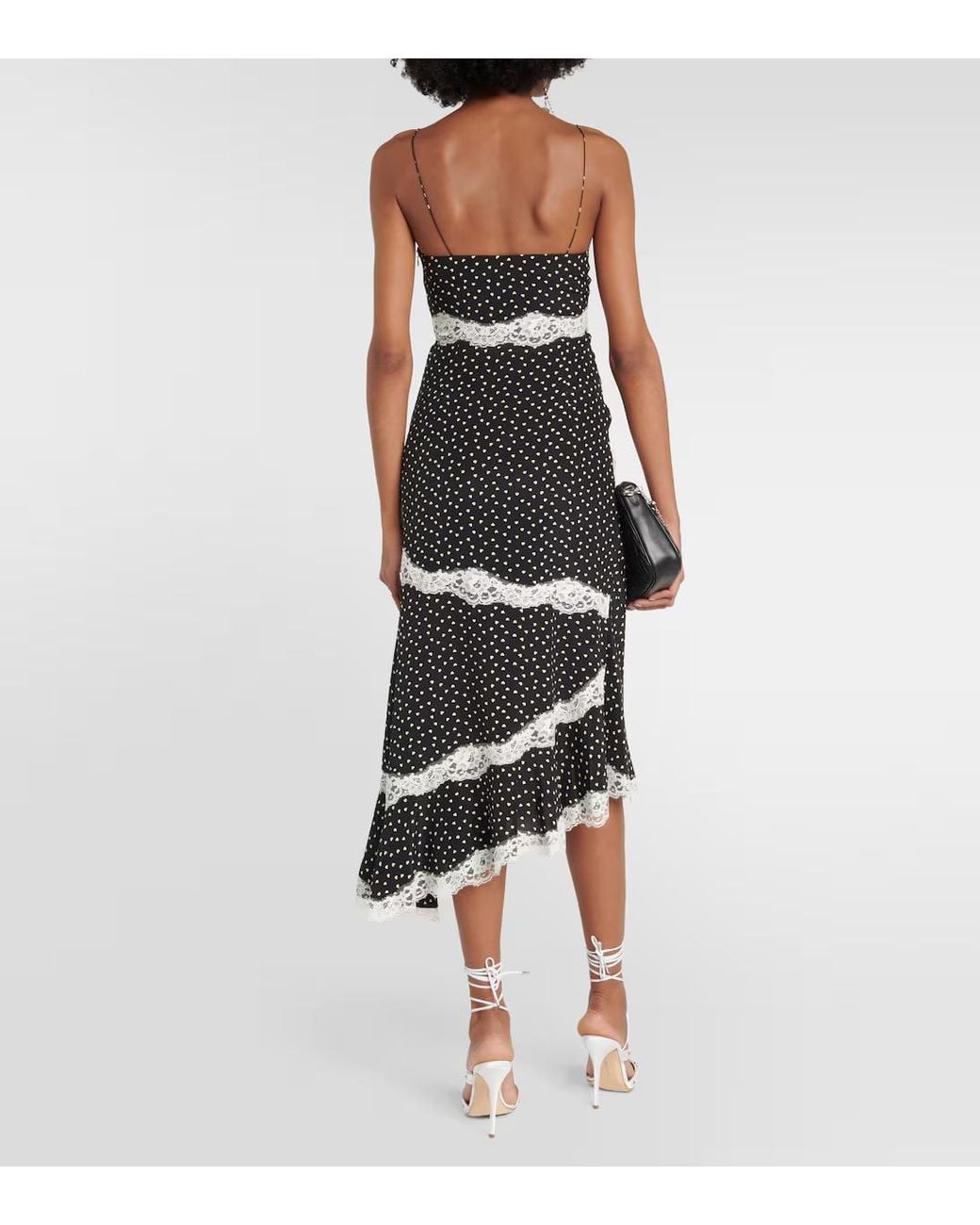 Alessandra Rich Black Lace-Trimmed Polka-Dot Silk Midi Dress