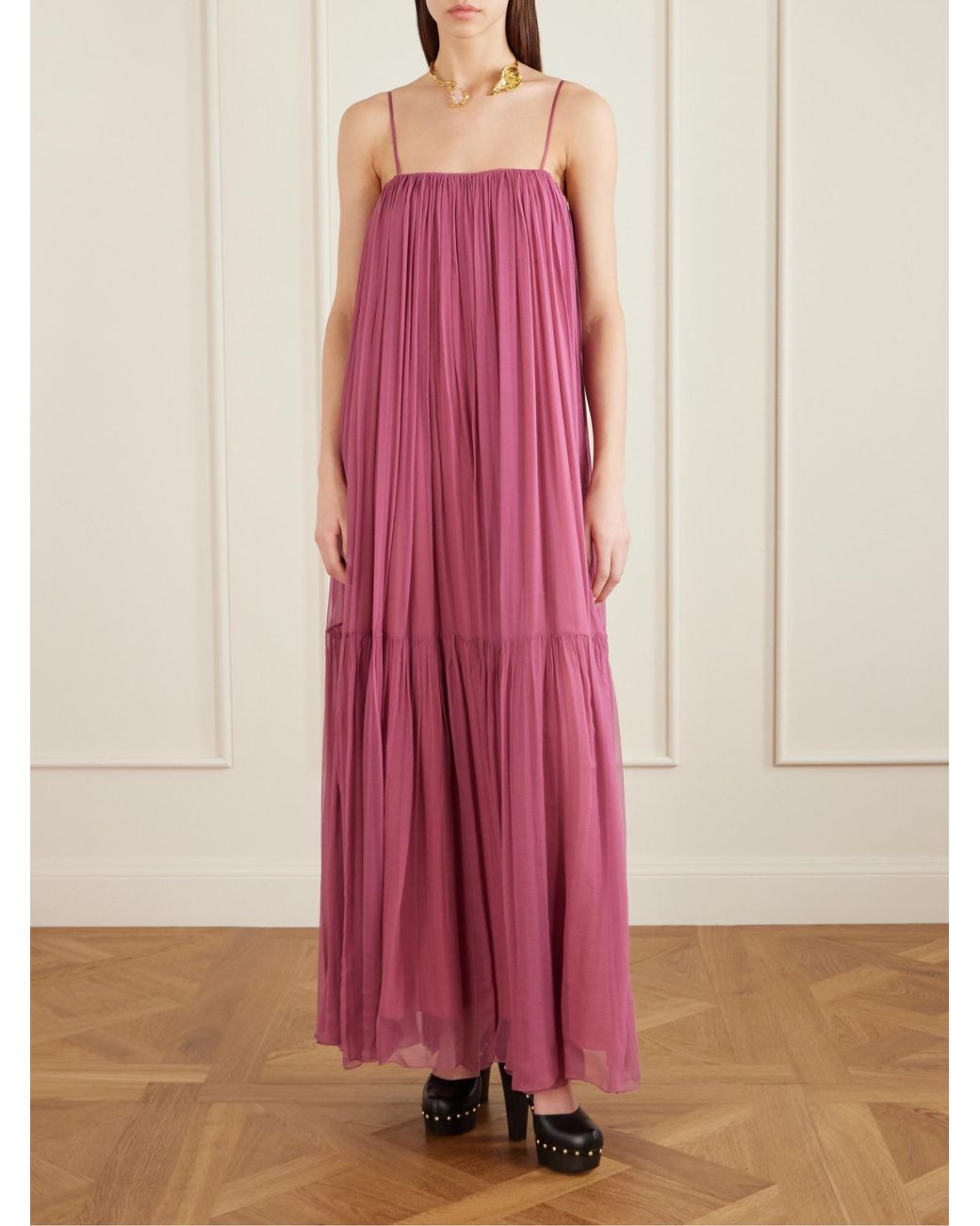 Chloé Purple Chloé Pleated Spaghetti Strap Maxi Dress