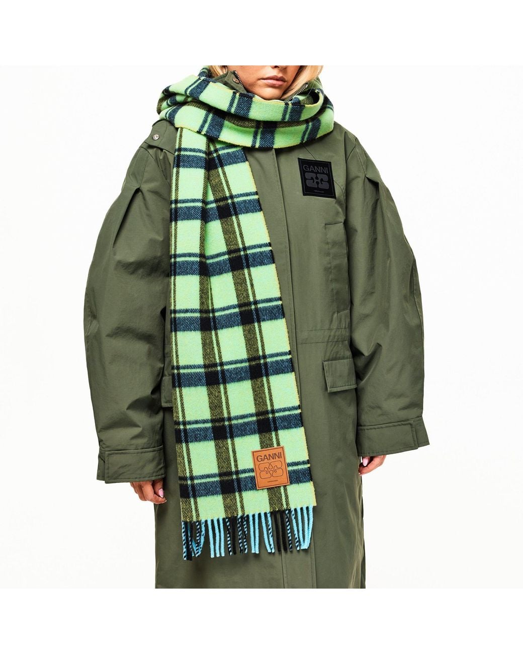 Ganni Green Plaid Wool Scarf
