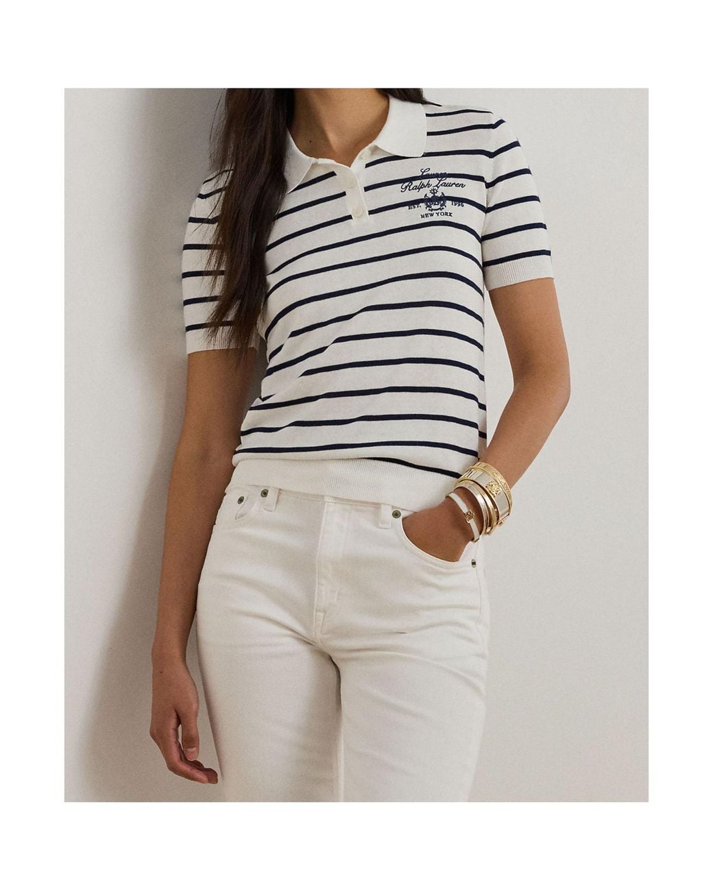 Ralph Lauren White Lauren Short Sleeved Striped Polo Shirt