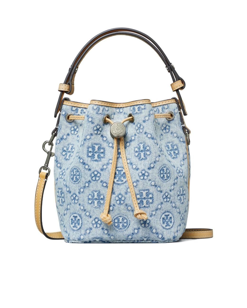 Tory Burch Blue T Monogram Drawstring Bucket Bag