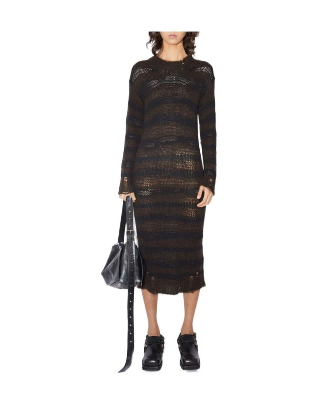 Acne Black Crewneck Open-Knit Midi Dress
