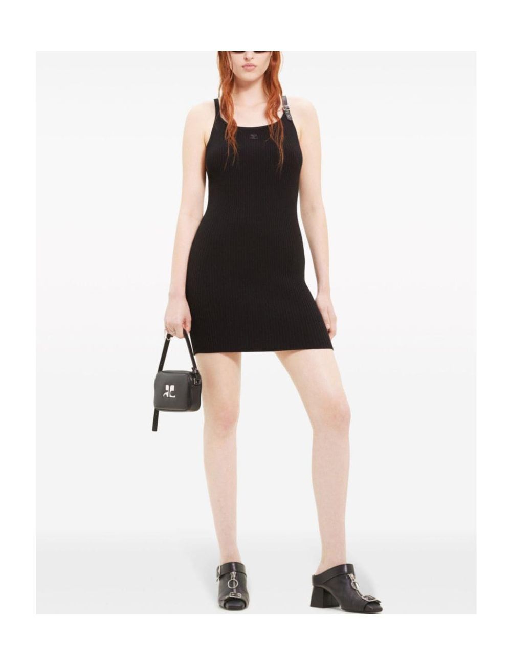 Courreges Black Short Ribbed Knit Dress With Buckle Detail