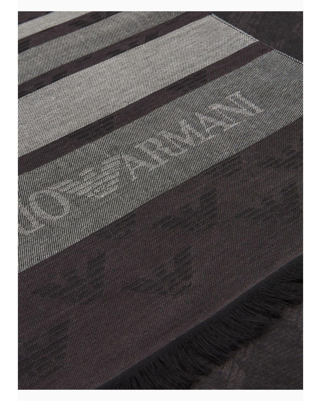 Emporio Armani Black Logo Jacquard Striped Frayed Scarf for men