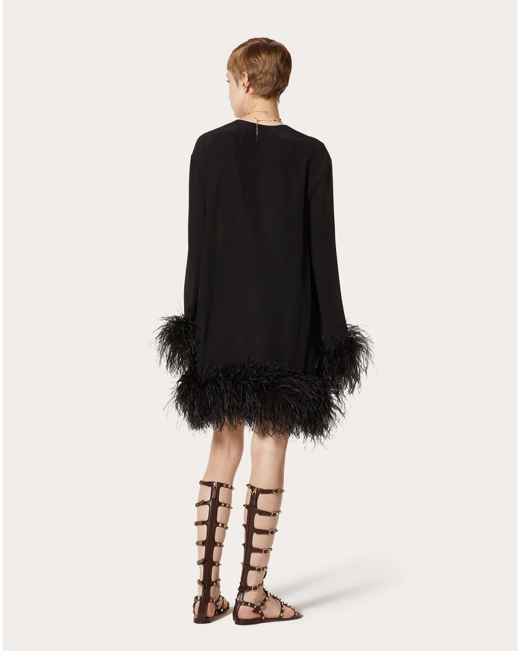 Valentino Yellow Dragon-Print Feather-Trim Silk Dress