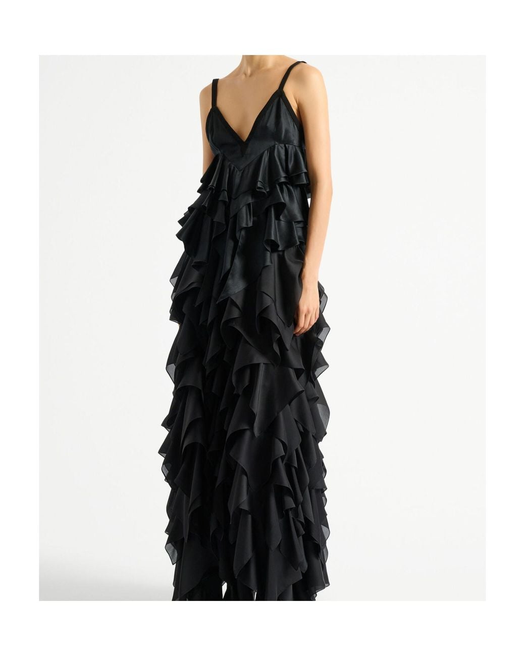 Balmain Black Silk Satin Ruffled Top