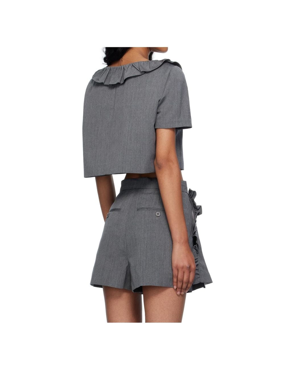Pushbutton Gray Ruffled Collar Cropped Top