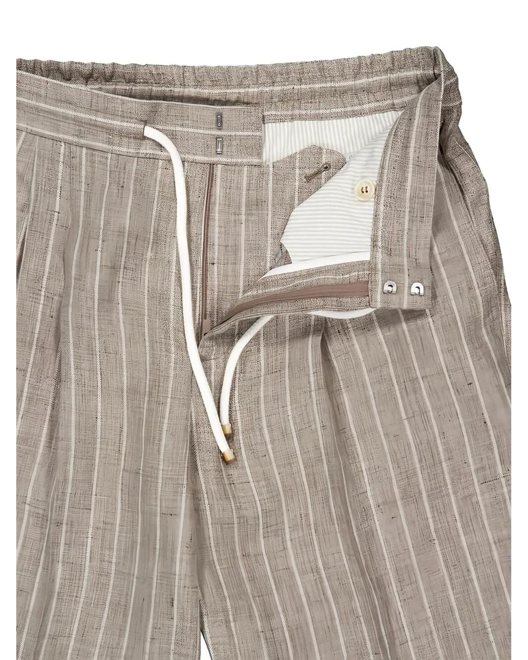 Brunello Cucinelli Gray Chalk Stripe Linen Twill Trousers With Drawstring And Double Pleats for men