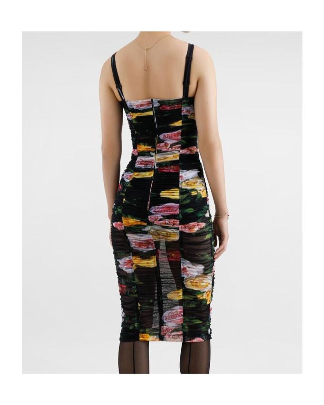 Dolce & Gabbana Black Floral Printed Tulle Calf-Length Slip Dress