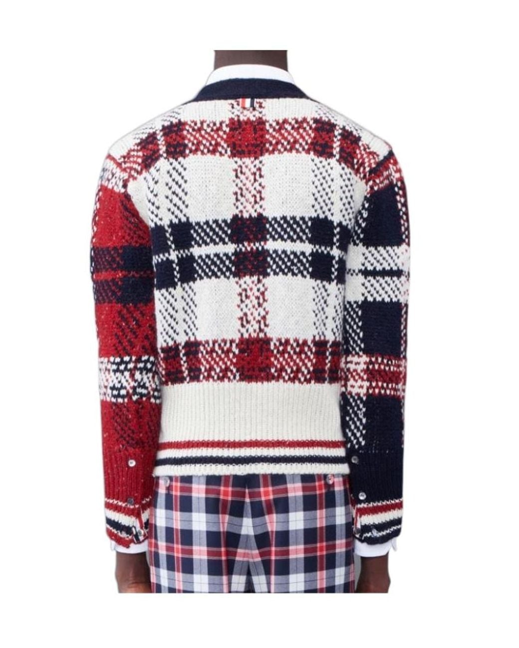 Thom Browne Blue Checkered Button-Up Knit Cardigan for men