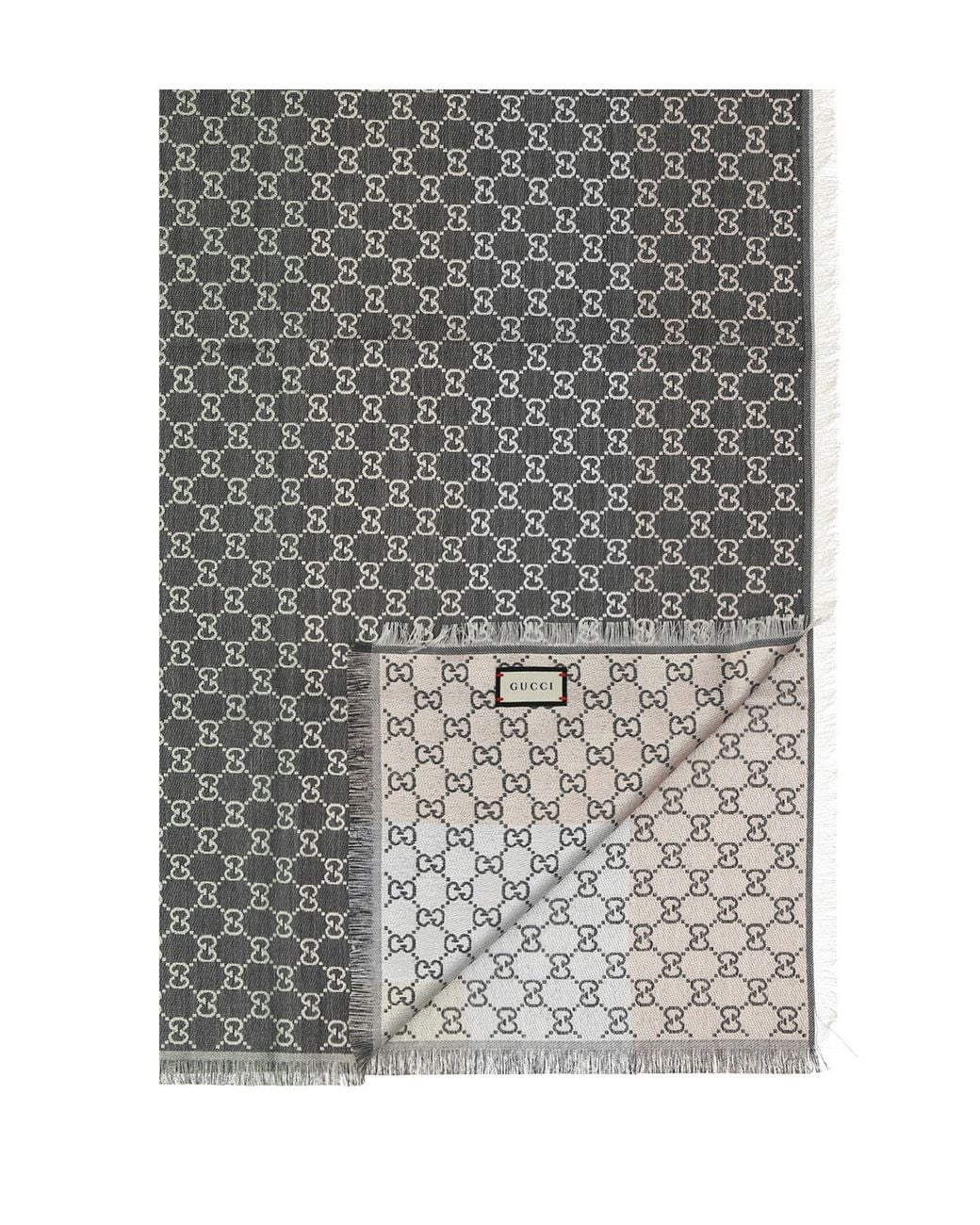 Gucci Gray Logo Jacquard Fringed Hem Scarf