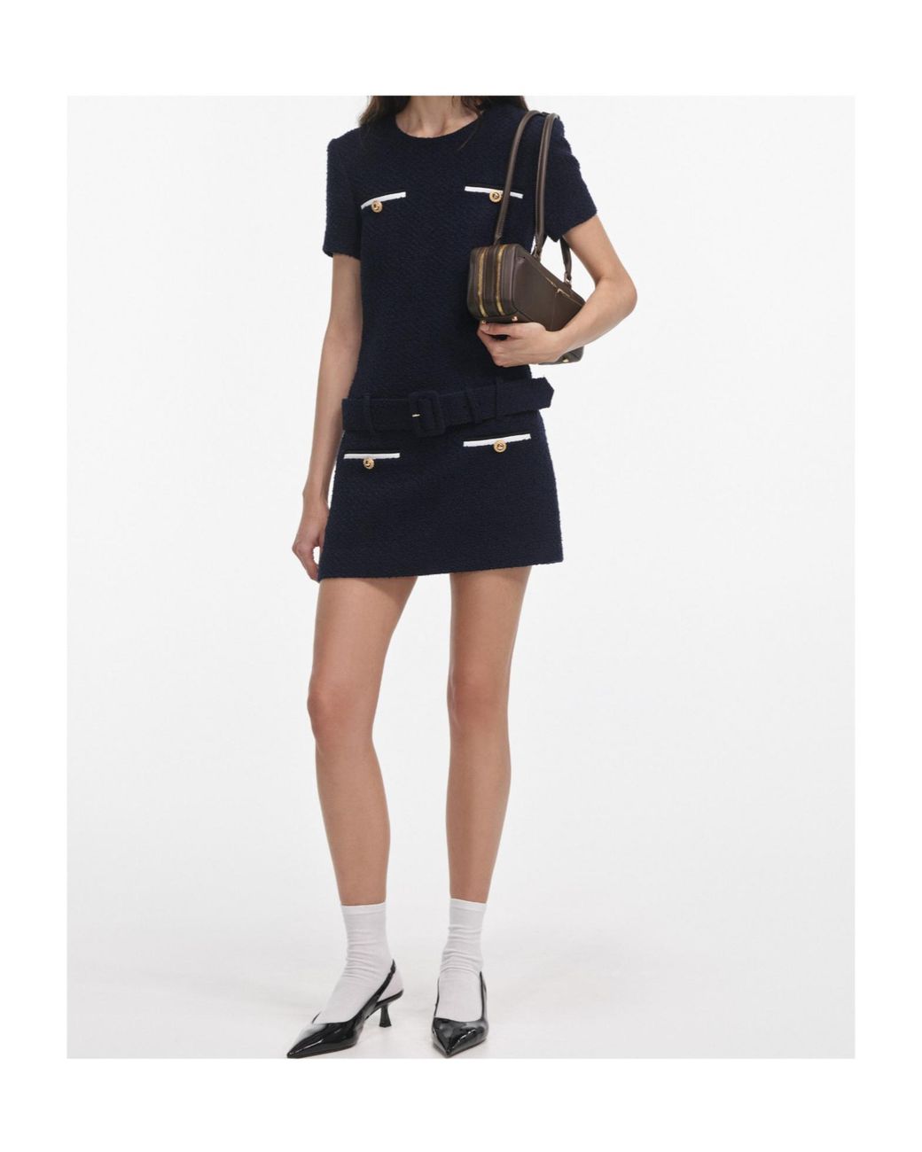 Self-Portrait Blue Belted Waist Boucle Mini Dress