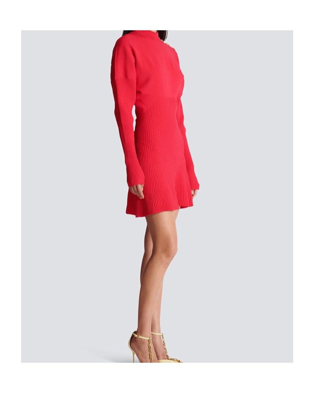 Balmain Red Turtleneck Long-Sleeve Knit Dress