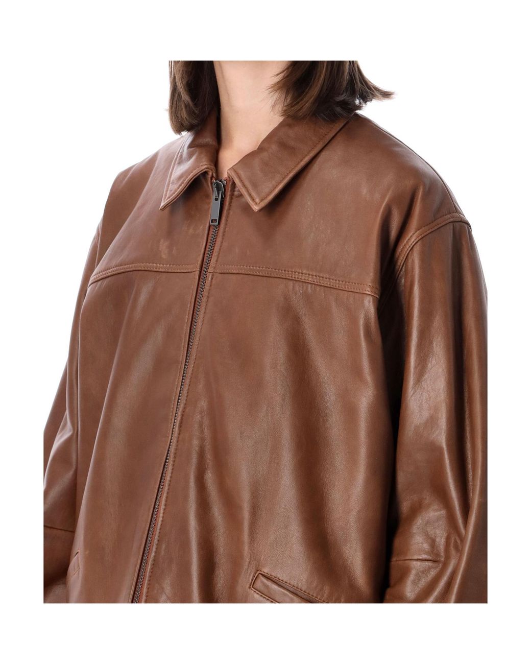 Haikure Brown Cropped Silky Leather Jacket