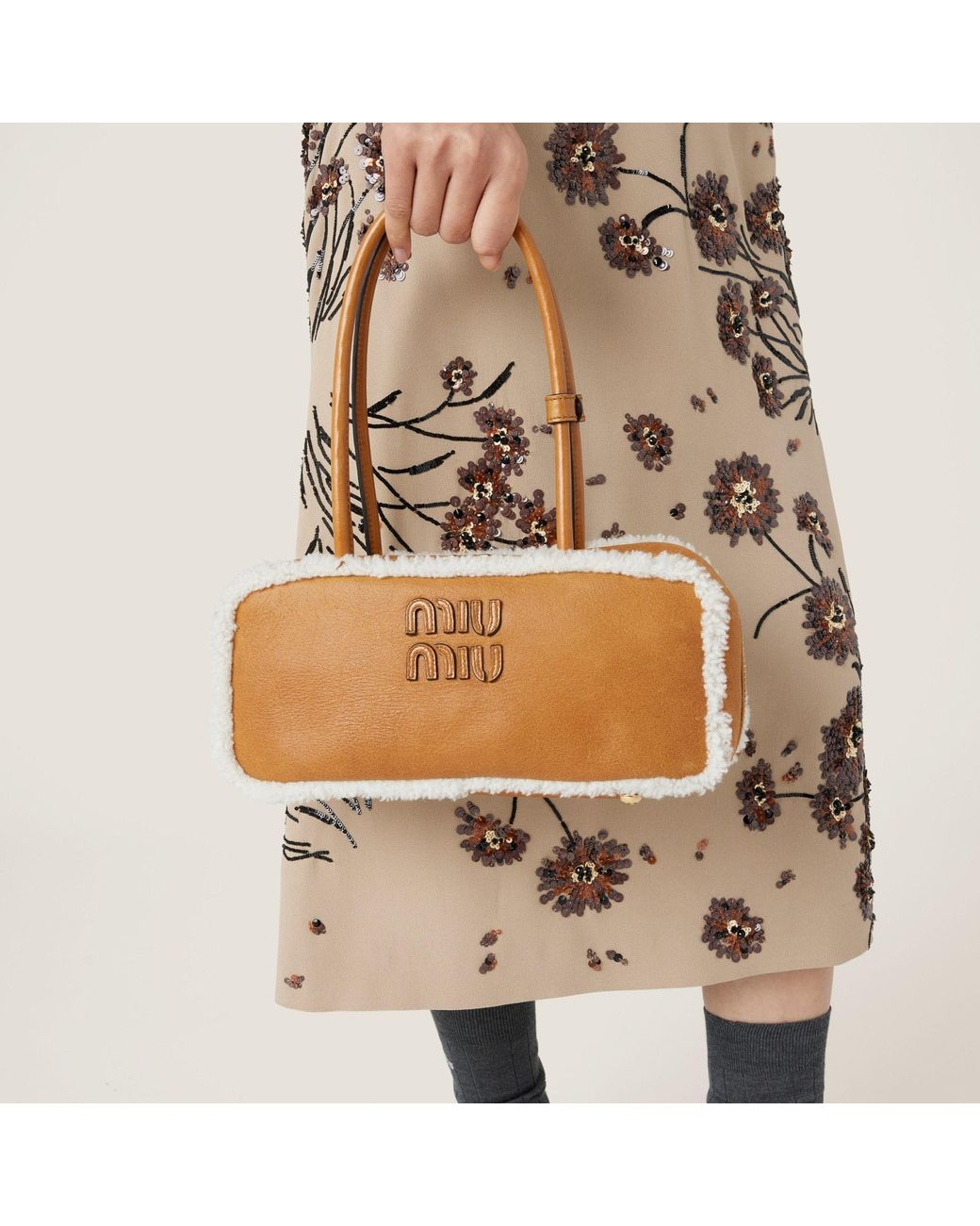 Miu Miu Brown Beau Shearling Top-Handle Bag