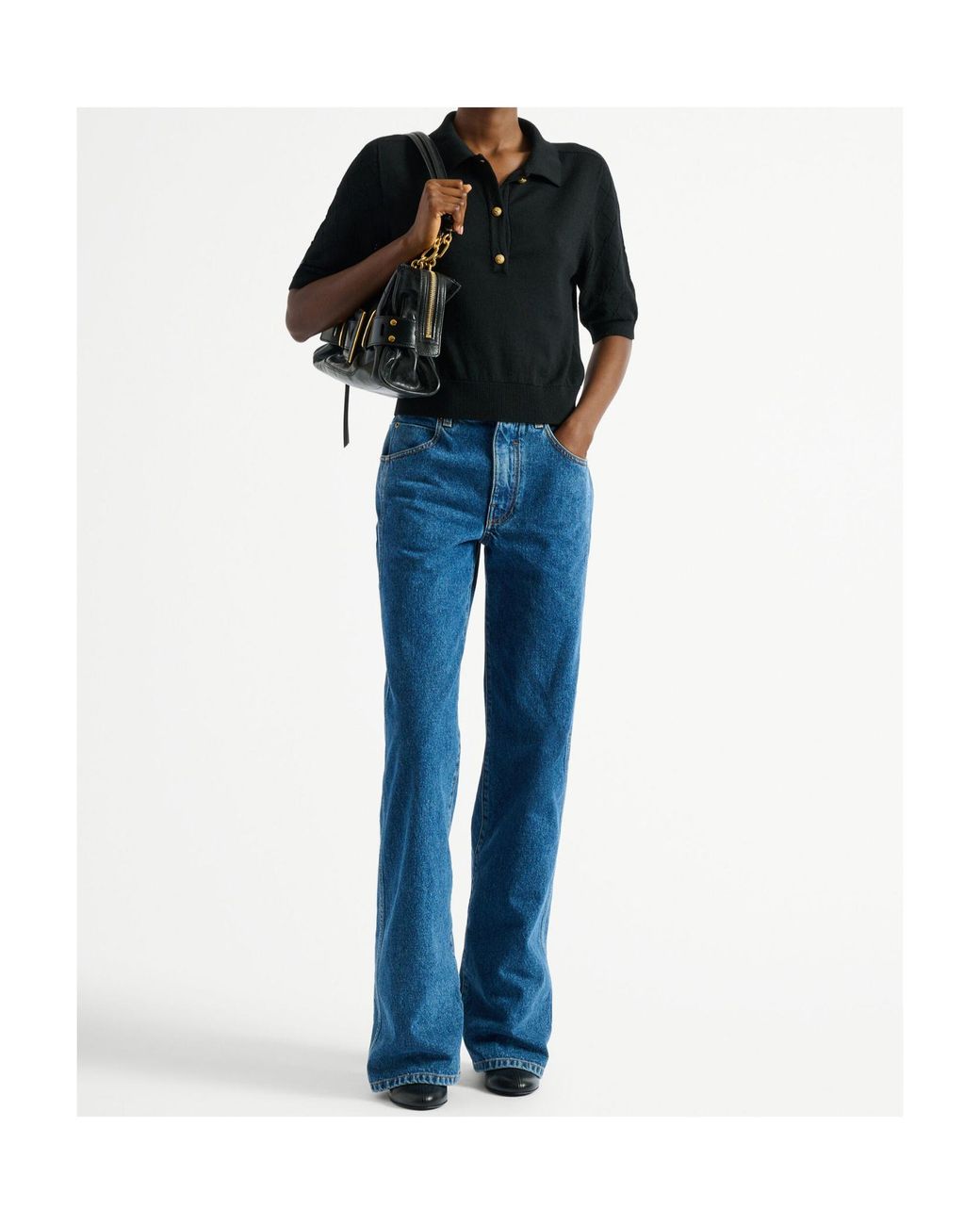 Balmain Black Merino Wool Openwork Crop Polo Shirt
