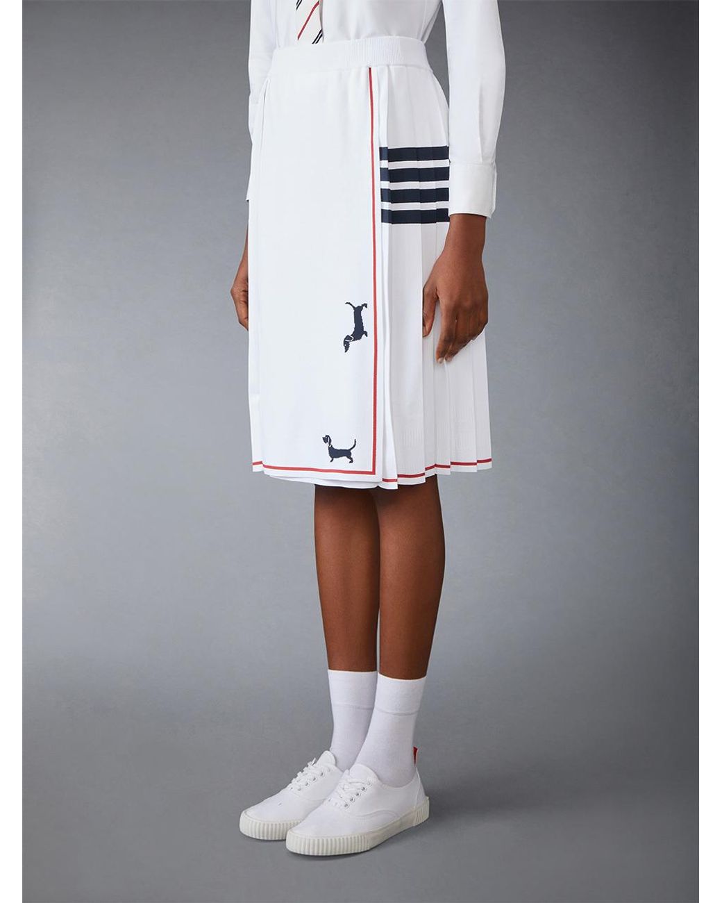 Thom Browne White Pleated Dachshund-Intarsia Knit Midi Skirt