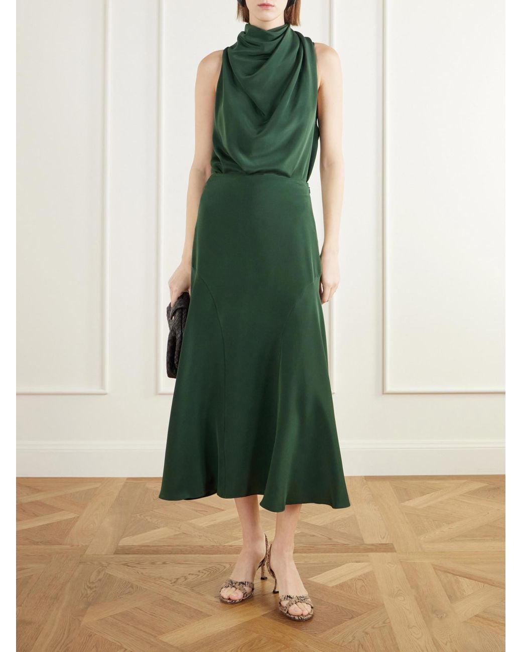 Altuzarra Green Paneled Silk-Satin Midi Skirt