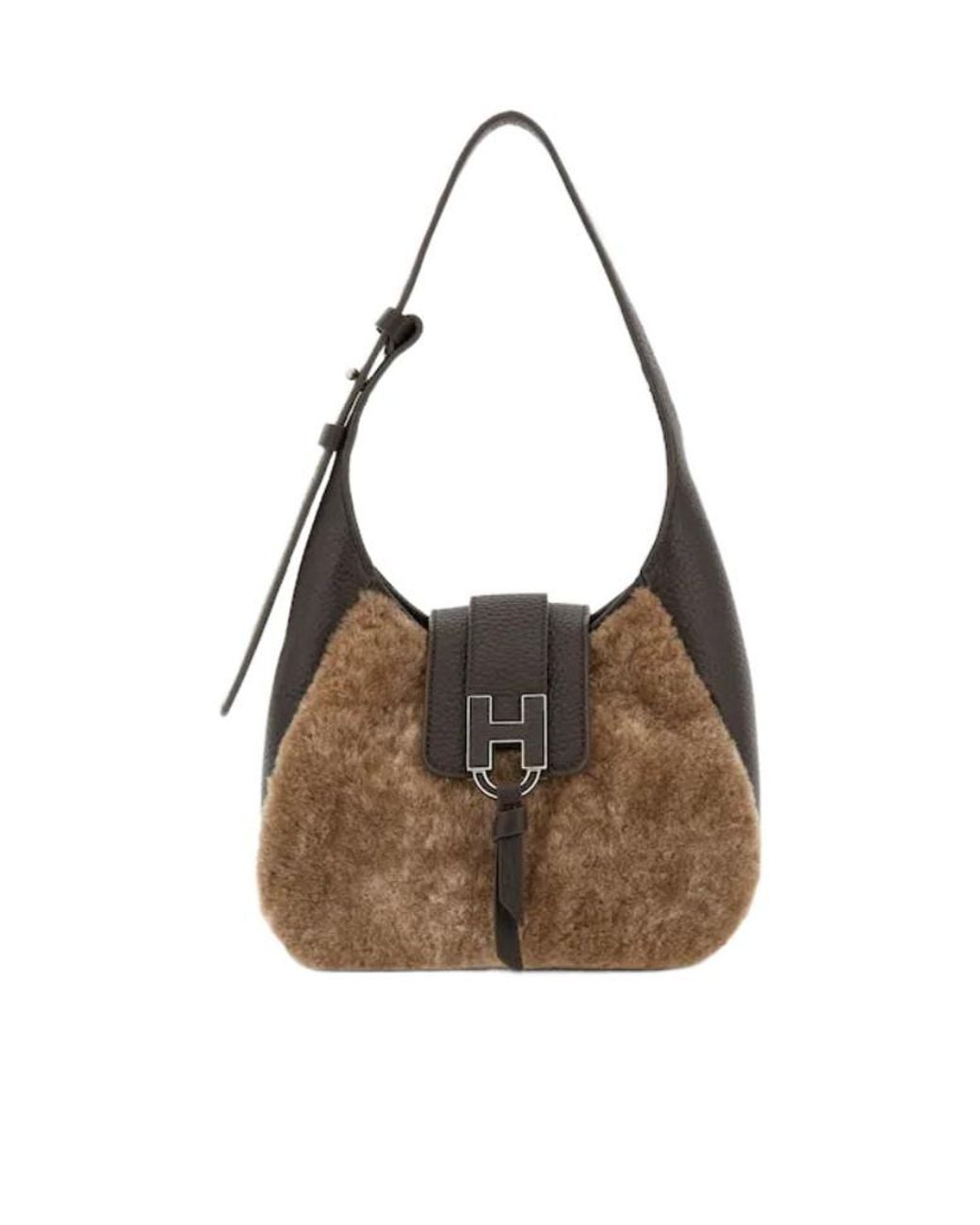 Hogan Brown Faux Fur Panel Shoulder Bag