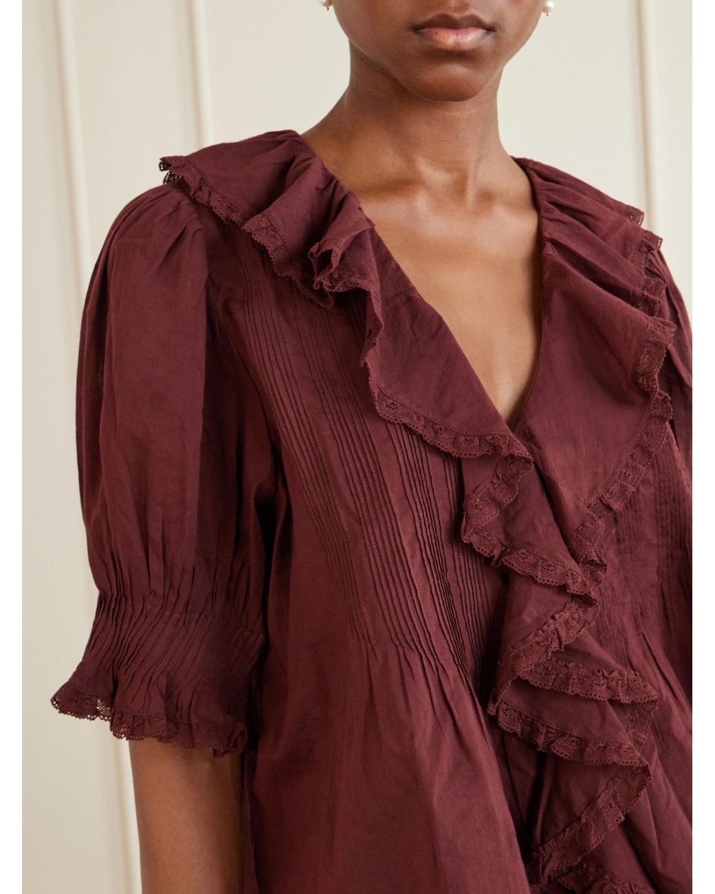 Doen Shirred Lace-Trimmed Organic Cotton Blouse