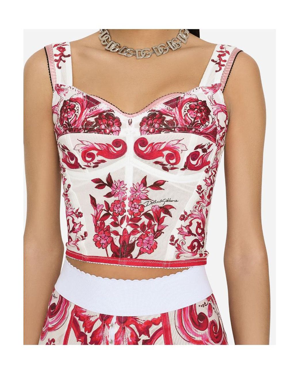 Dolce & Gabbana Red Majolica-Printed Marquisette Bustier Top