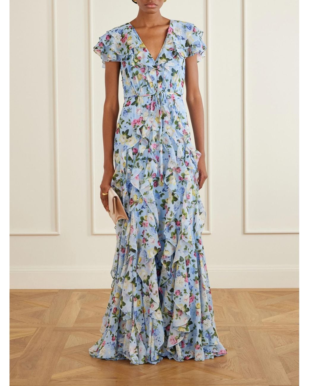 Carolina Herrera Blue Floral-Printed Silk Chiffon Gown