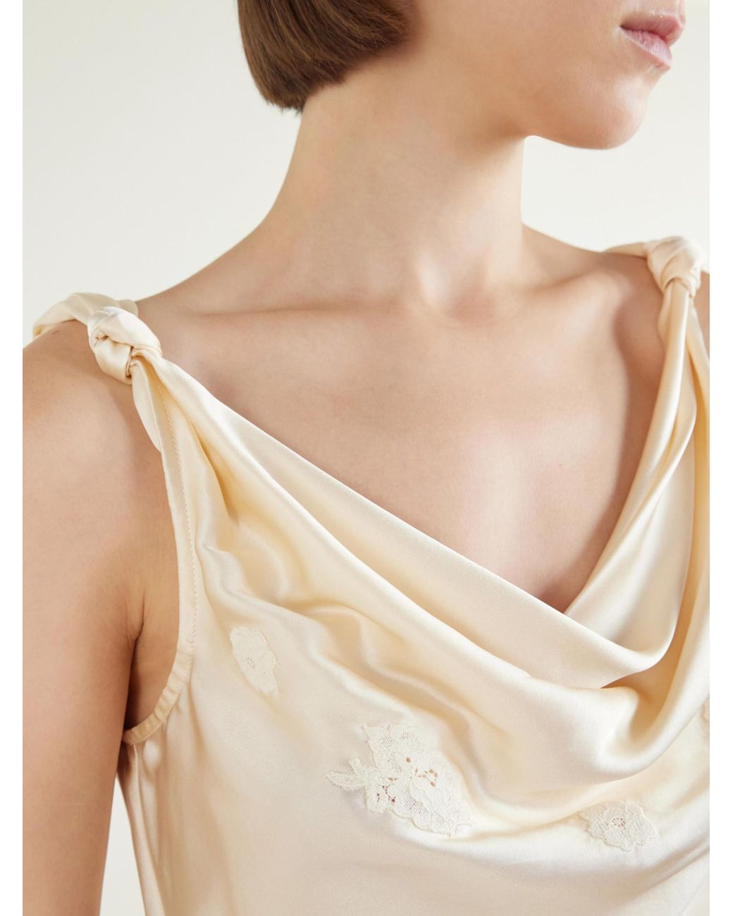 Doen White Gathered Lace-Trimmed Silk-Satin Top