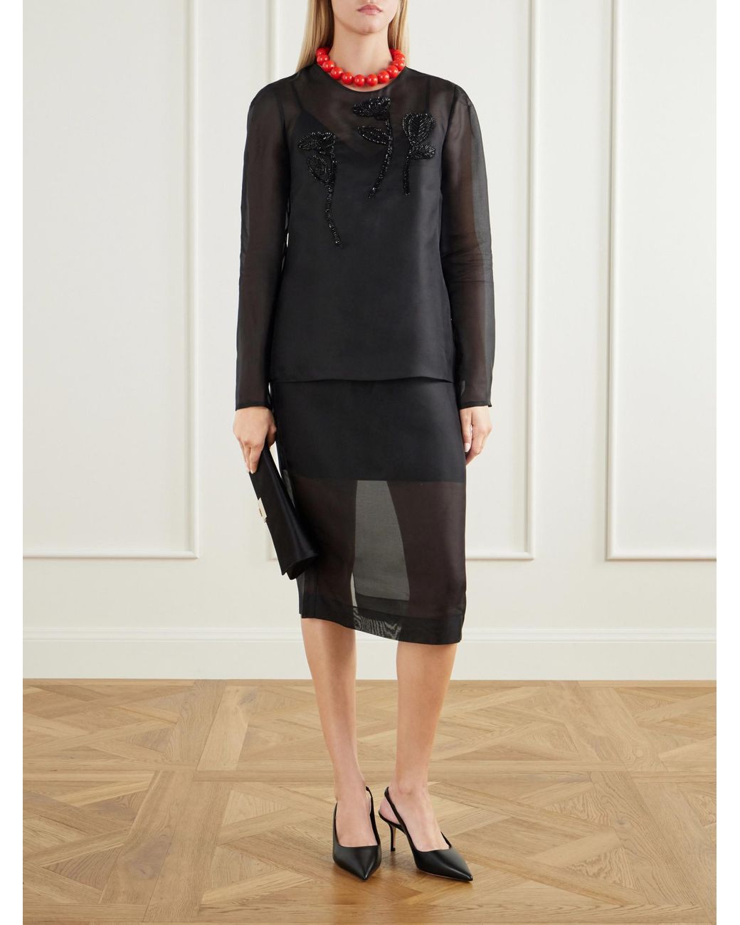 Carolina Herrera Black Silk-Organza Midi Skirt
