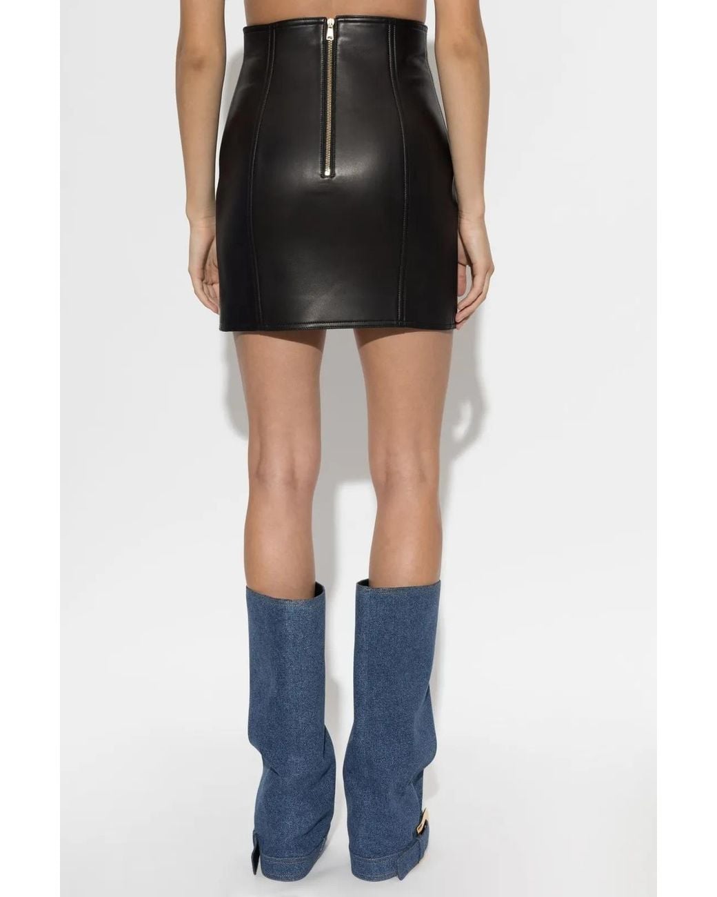 Balmain Black Zip-Detail Leather Mini Skirt