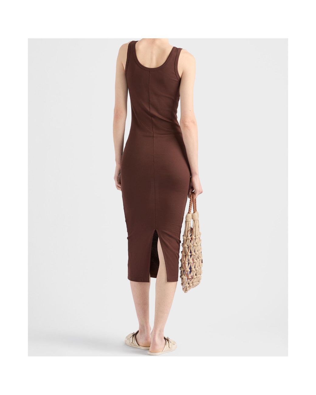 Prada Brown Logo-Triangle Sleeveless Knitted Dress