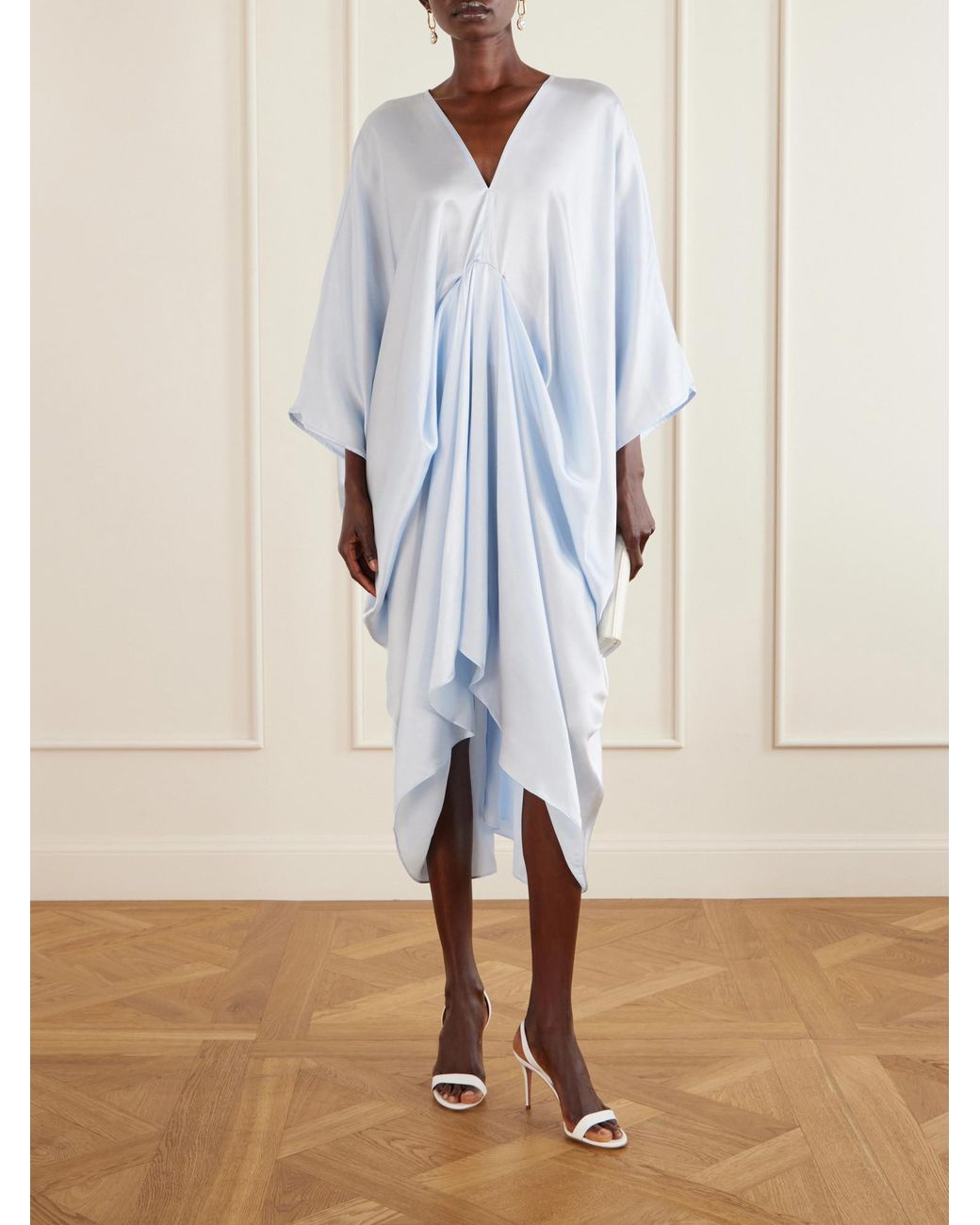 Camilla Blue Draped Silk-Satin Kaftan