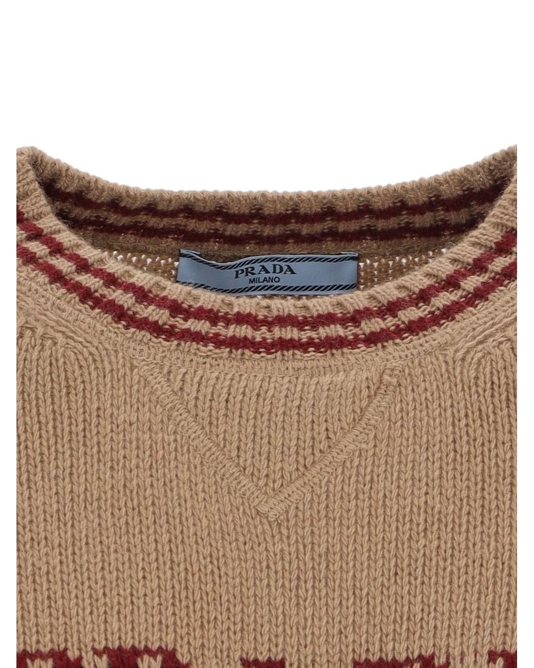 Prada Brown Logo-Intarsia Striped-Trim Crewneck Jumper