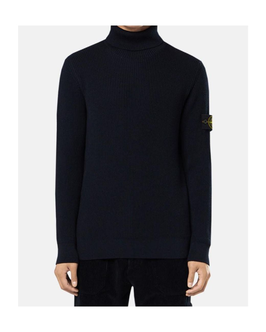 Stone Island Blue T-Neck Compass Logo Ribbed Turtleneck Sweater for men