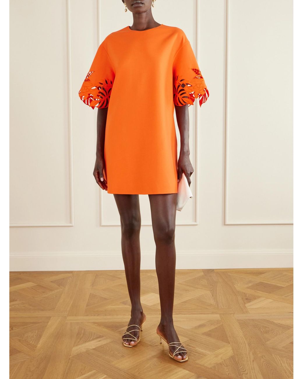 Oscar de la Renta Orange Embroidered Cut-Out Wool-Blend Mini Dress